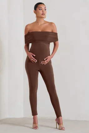 Carefully Crafted | Chocolate Maternity Bardot Fitted Jumpsuit