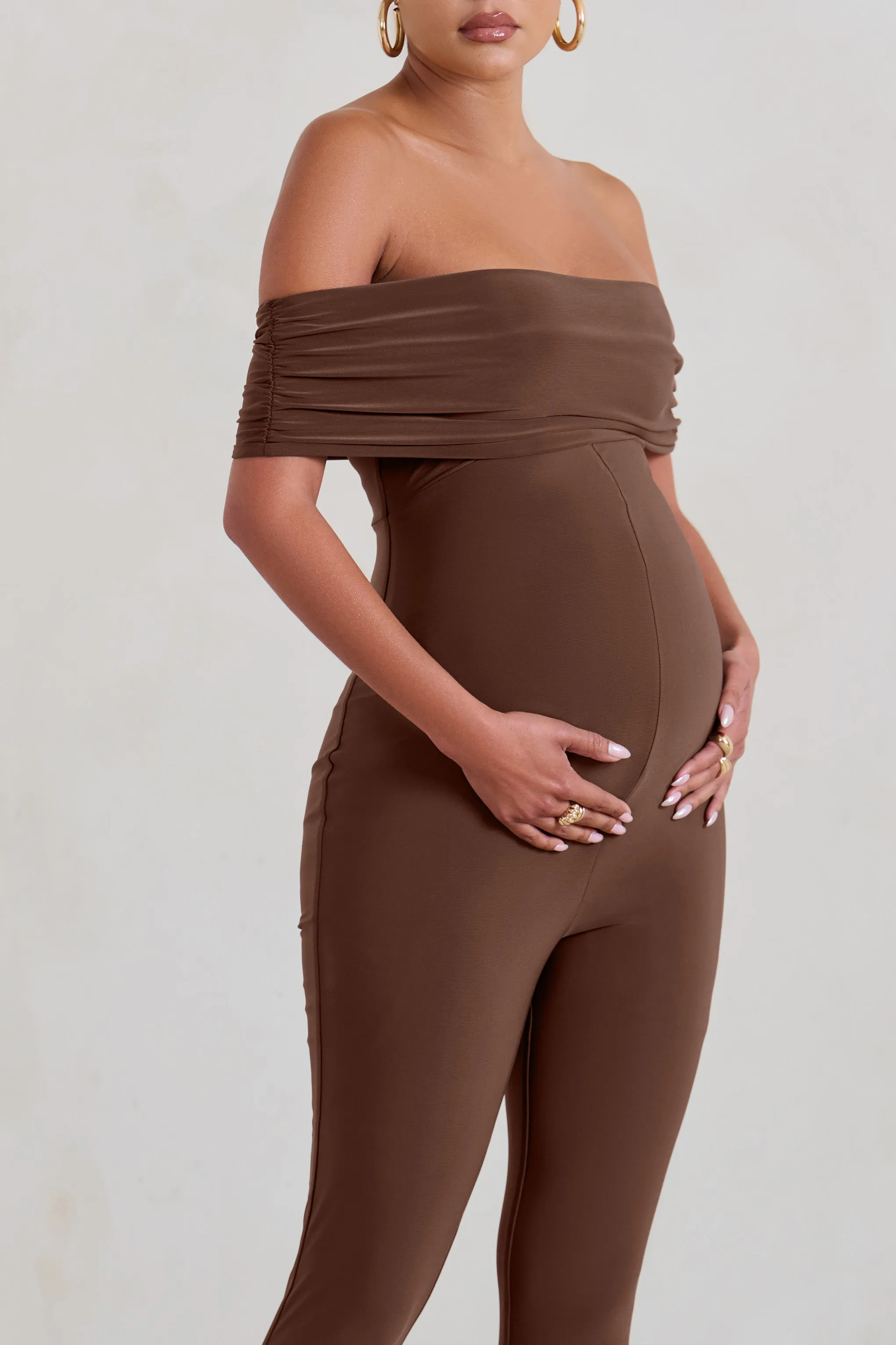 Carefully Crafted | Chocolate Maternity Bardot Fitted Jumpsuit