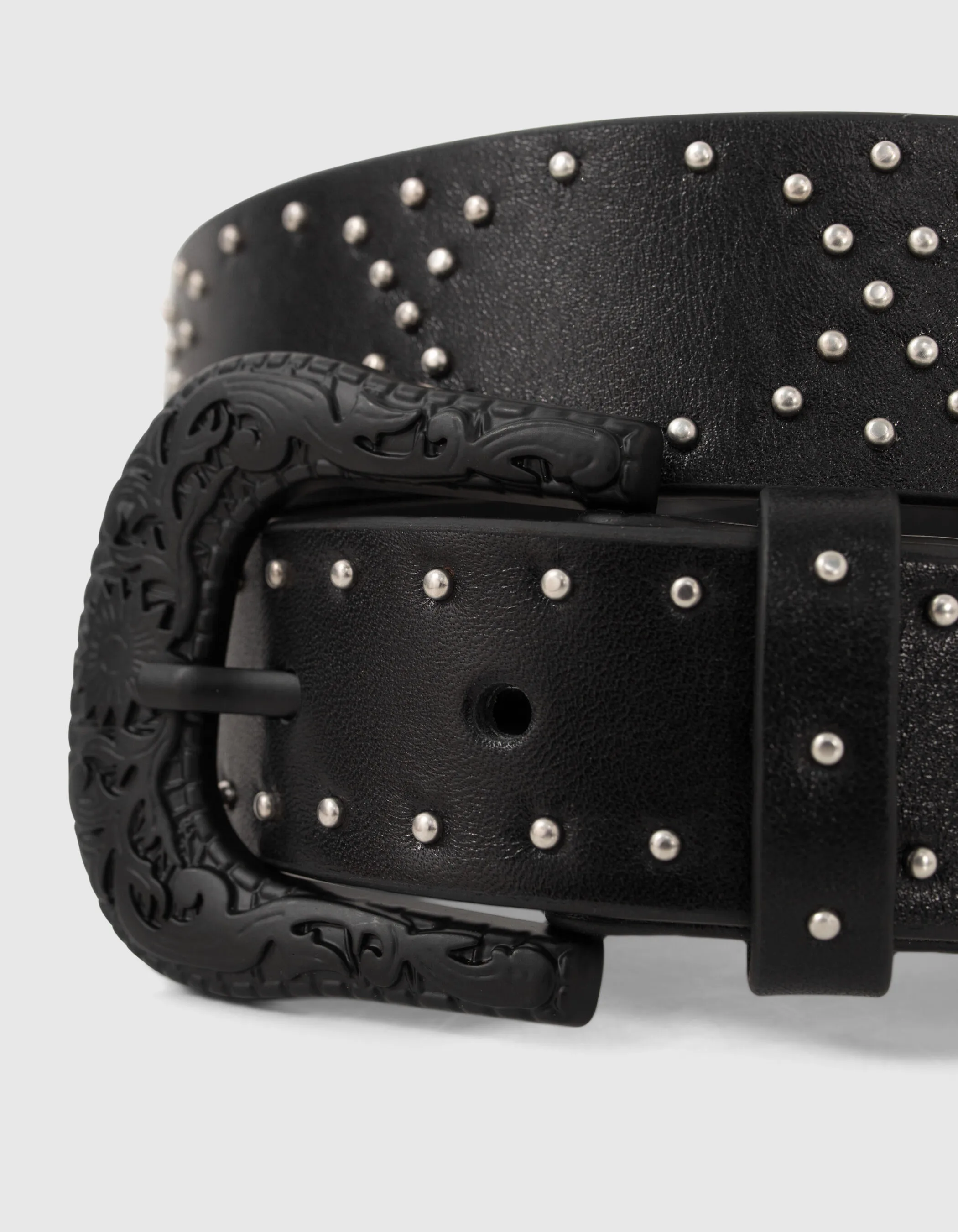 Ceinture cuir noir à clous boucle western Femme