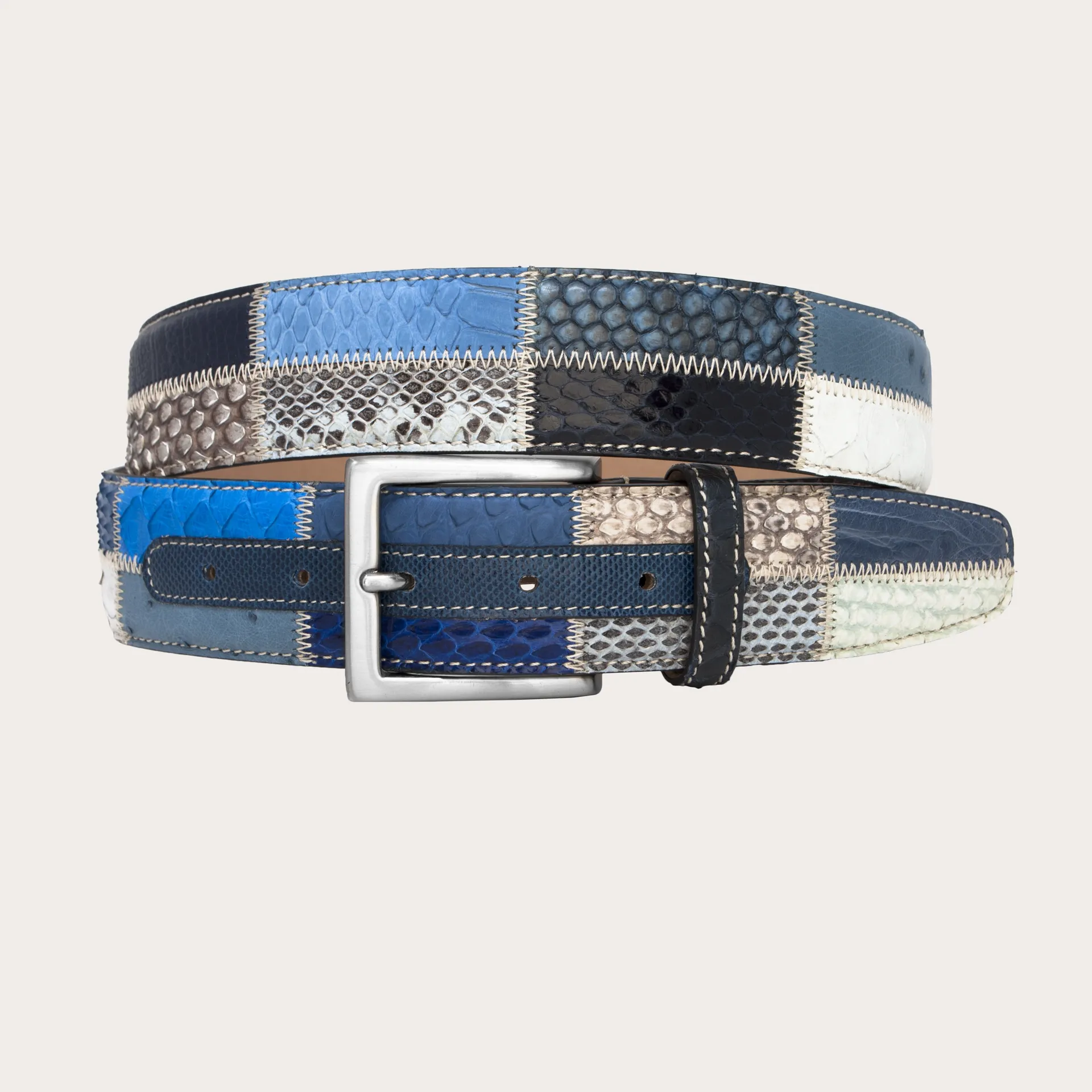 Ceinture en python patchwork bleu | BRUCLE Élégance et style unique