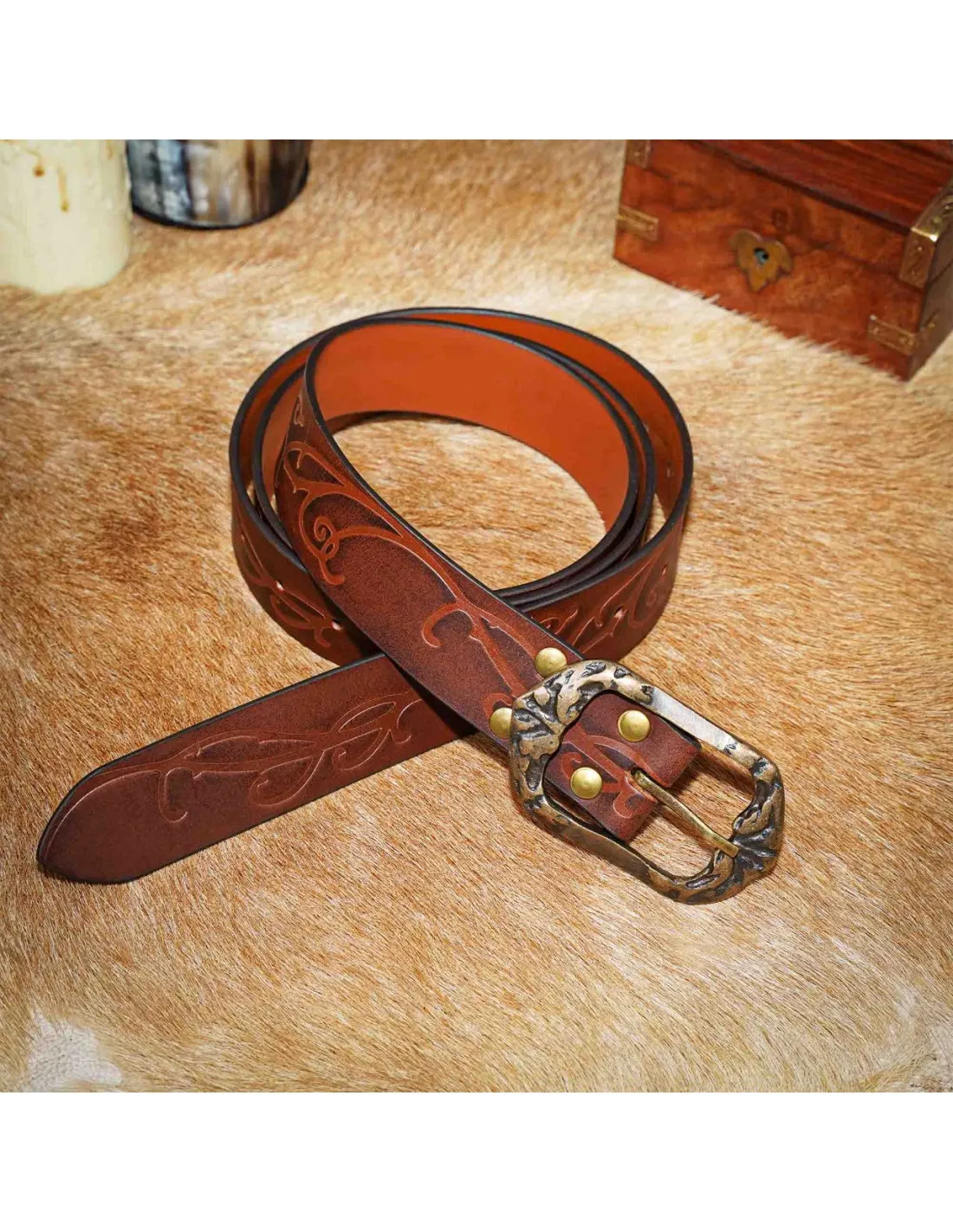 Ceinture Forest Elf en cuir marron embossé ⚔️ Boutique Épées