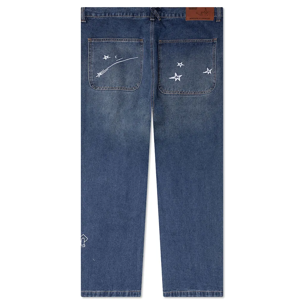 Fire Escape Embroidered Jeans - Blue