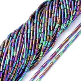 Glass Beads, Electroplated, Column, Multicolored, Rainbow, 4.5-5x2.5mm