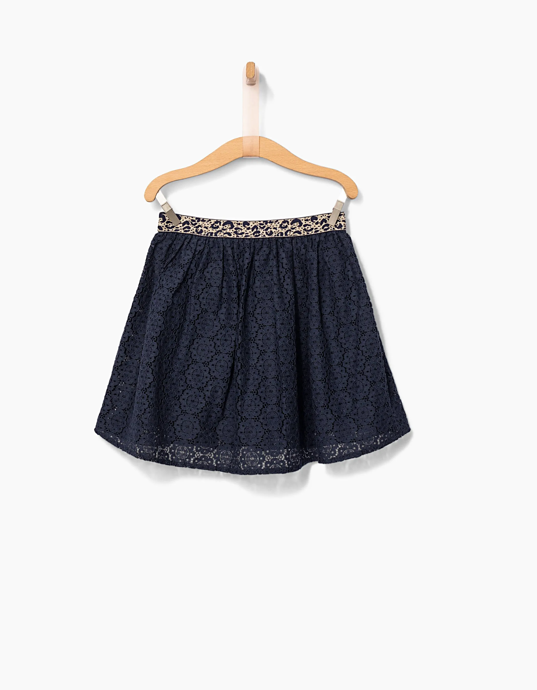 Jupe navy en dentelle ceinture léopard fille