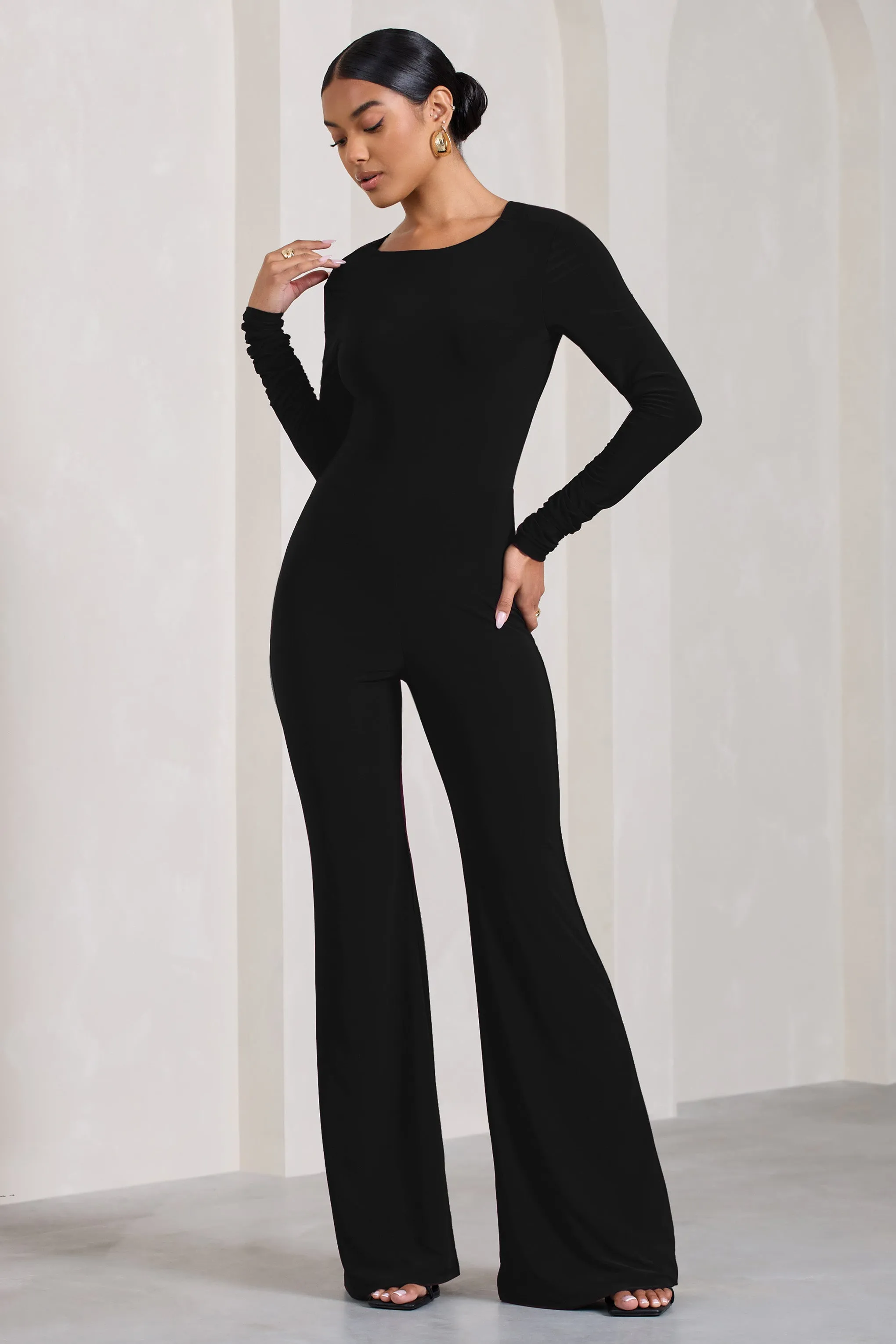 Lana | Black Long-Sleeved Flared-Leg Jumpsuit