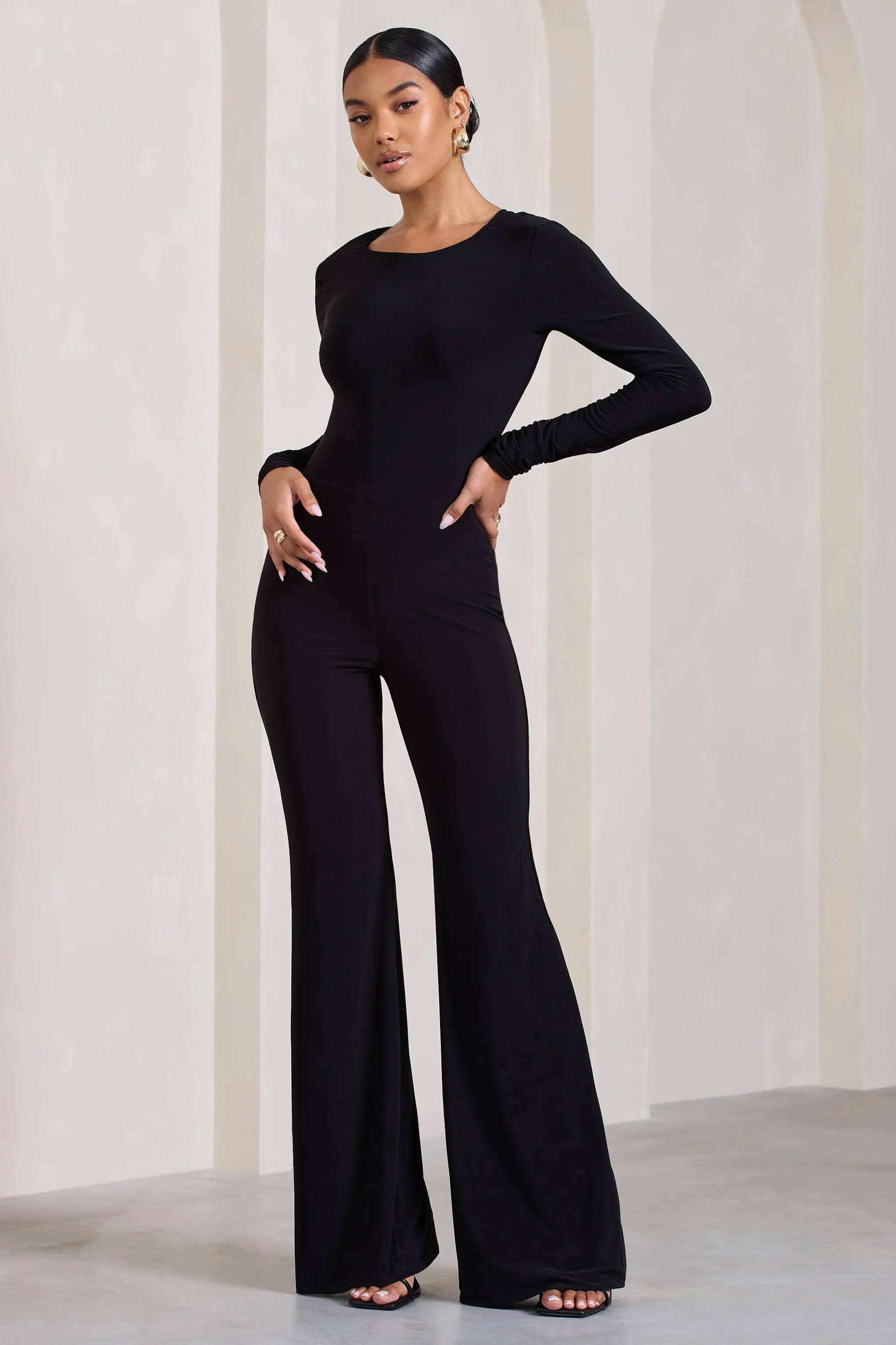 Lana | Black Long-Sleeved Flared-Leg Jumpsuit