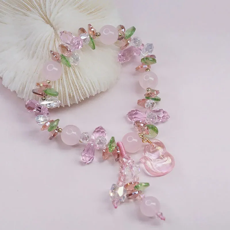 Natural Pink Crystal Quartz Fox Dangle Charm Bracelet