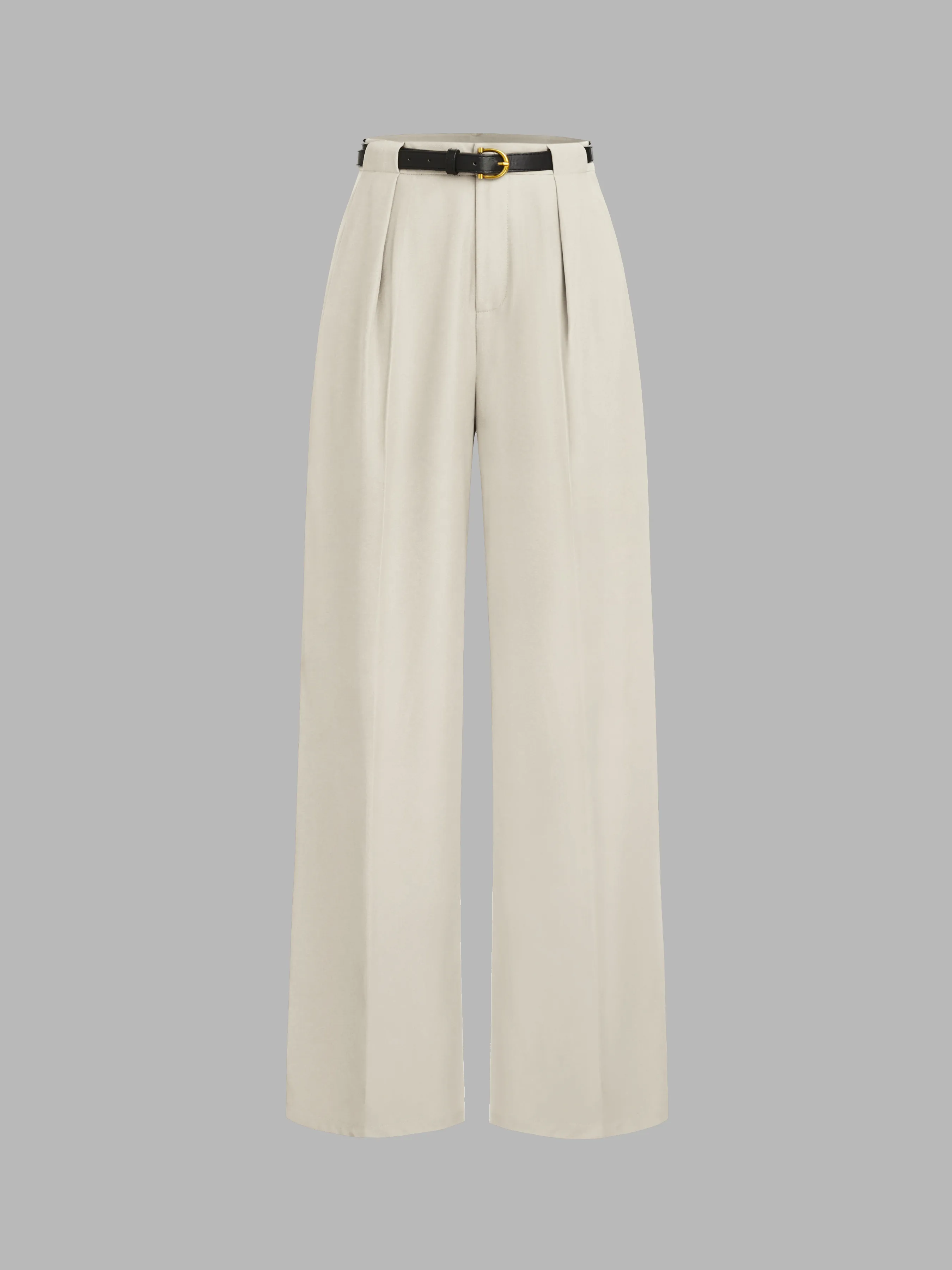 Pantalon droit taille mi-haute uni avec poches et ceinture