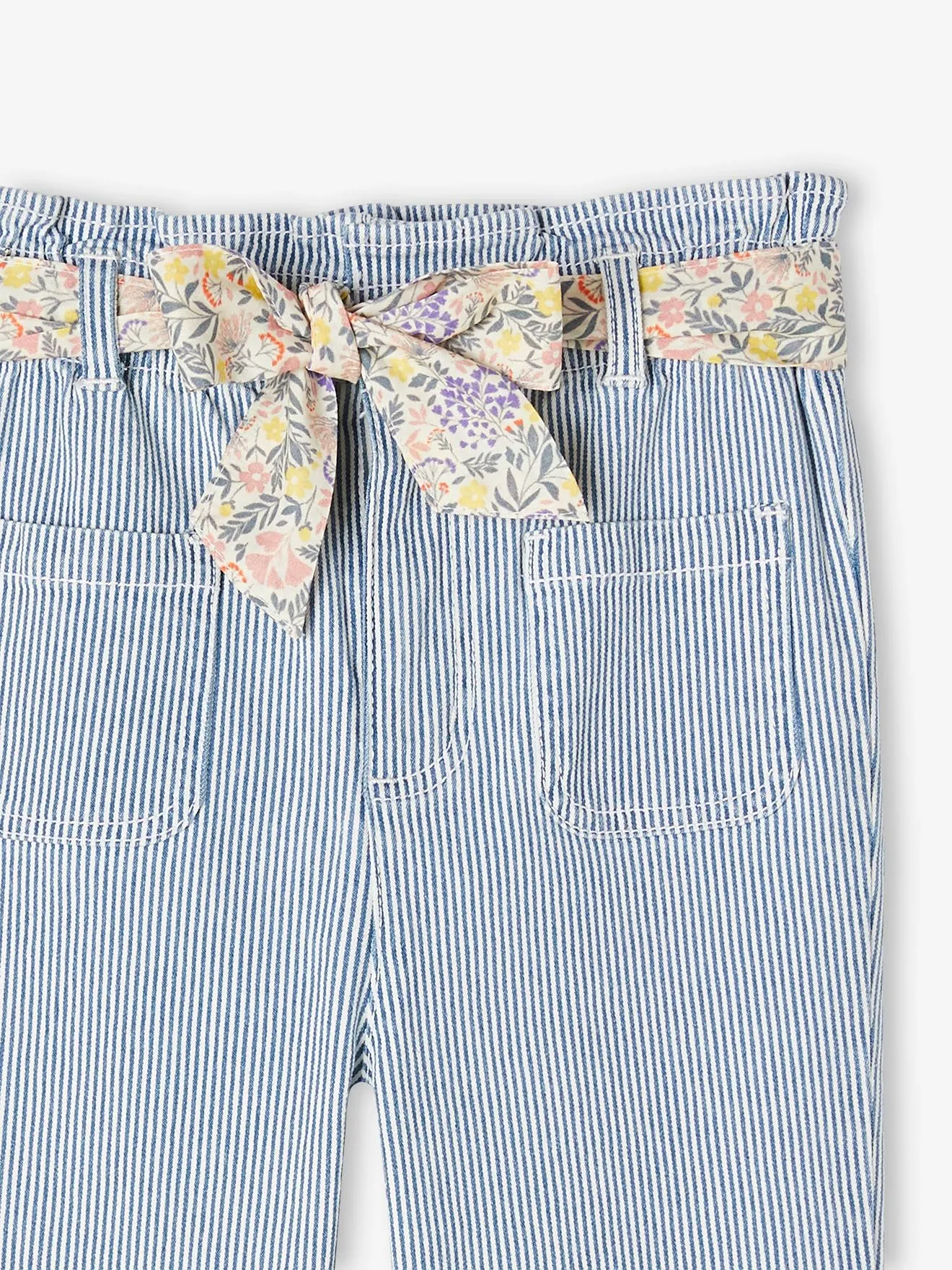 Pantalon paperbag rayé fille et sa ceinture imprimée fleurs rayé bleu - Vertbaudet