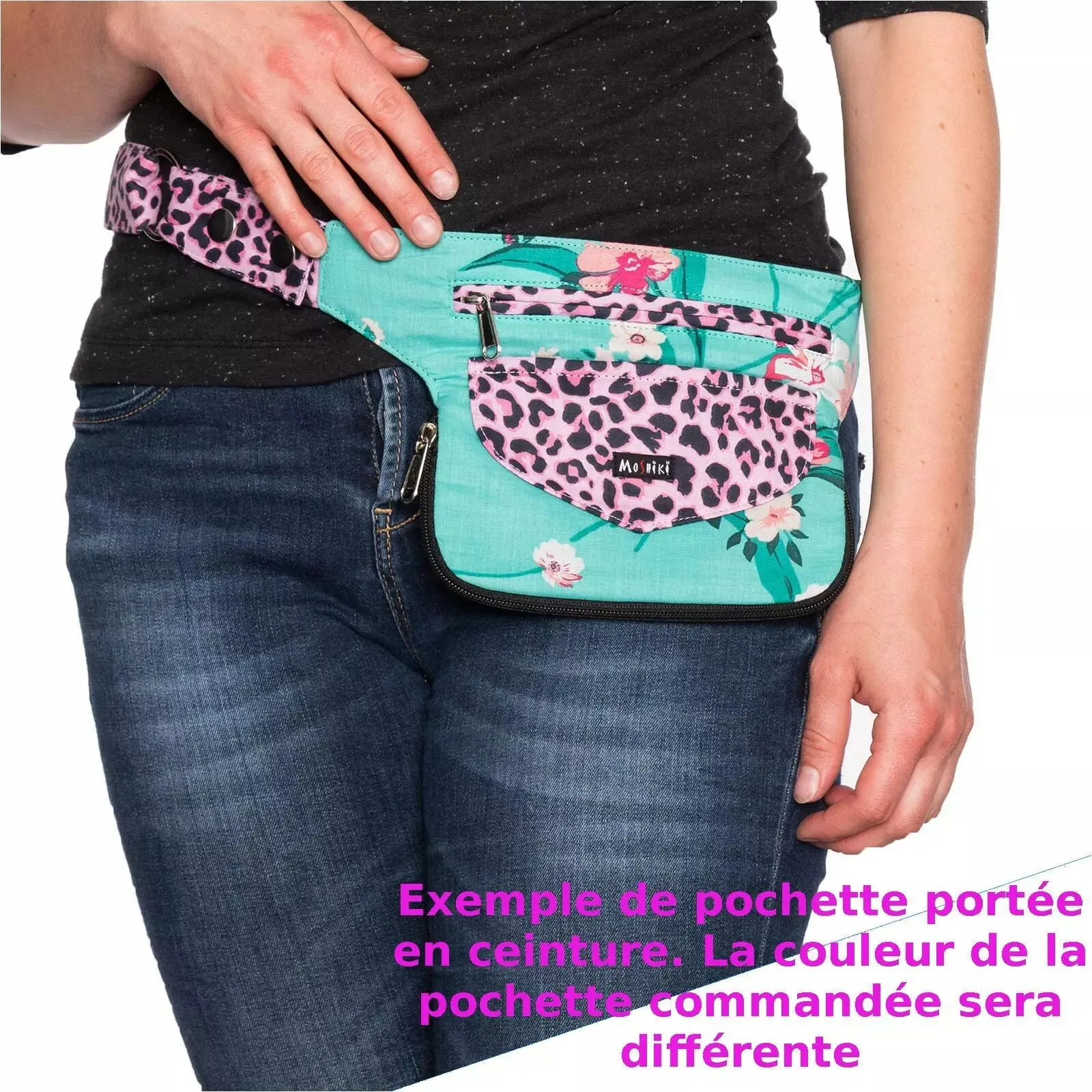 Pochette ceinture verte et bleue imprimée Moshiki sac banane coton