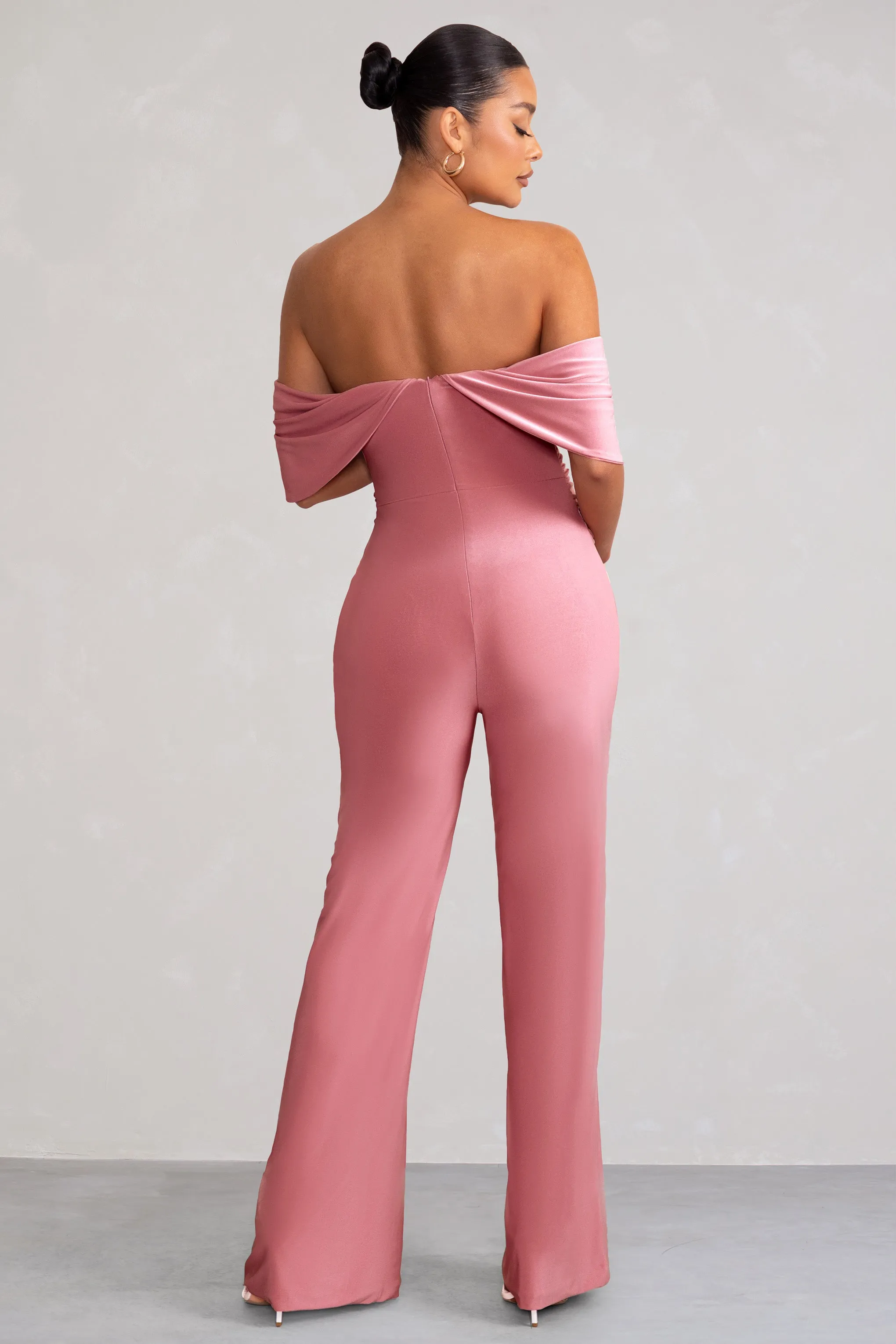 Renata | Blush Pink Draped Sleeve Bardot Maternity Jumpsuit