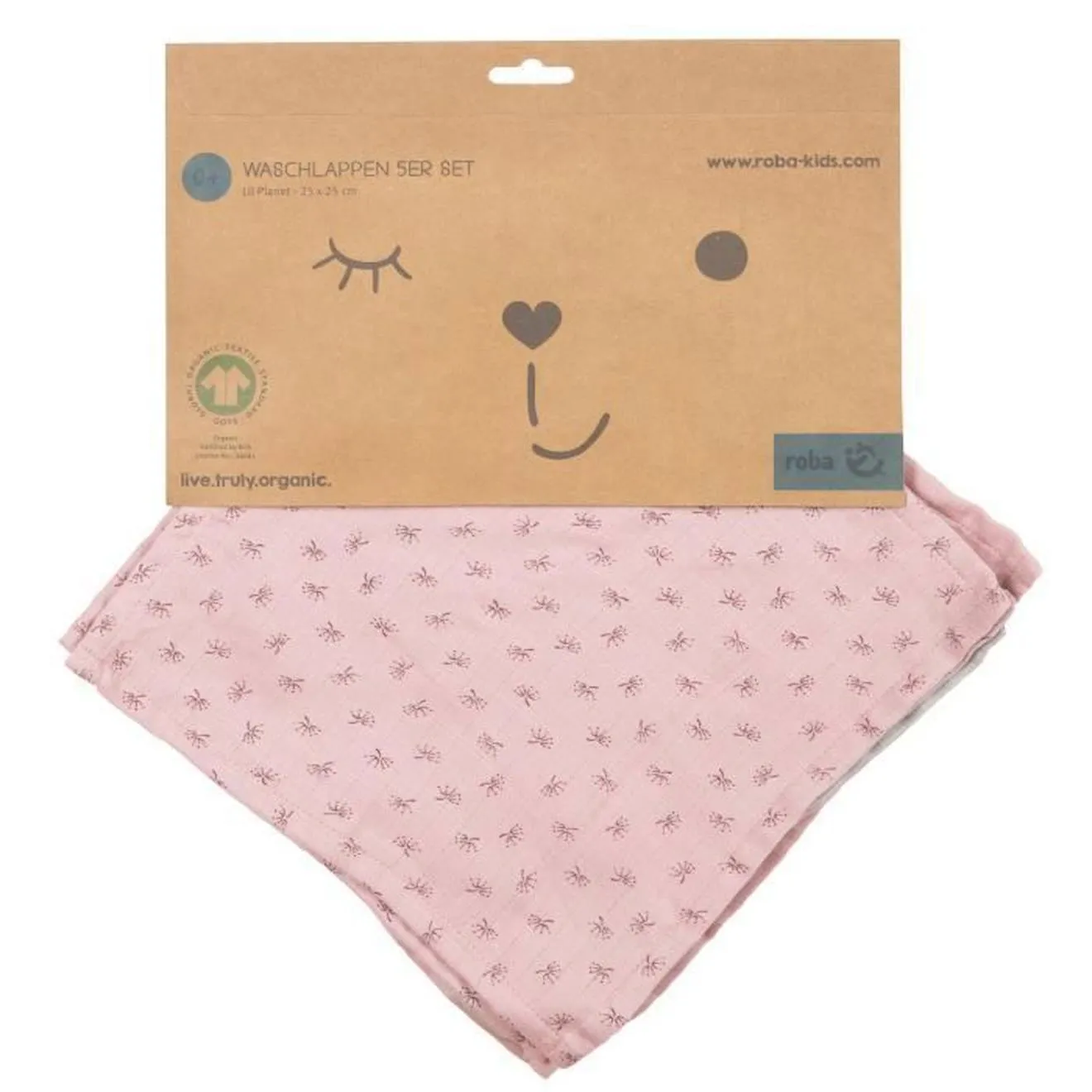 ROBA Lot de 5 Gants de Toilette Bébé "Lil Planet" 25 x 25 cm - Coton Bio - Rose/gris rose - Roba