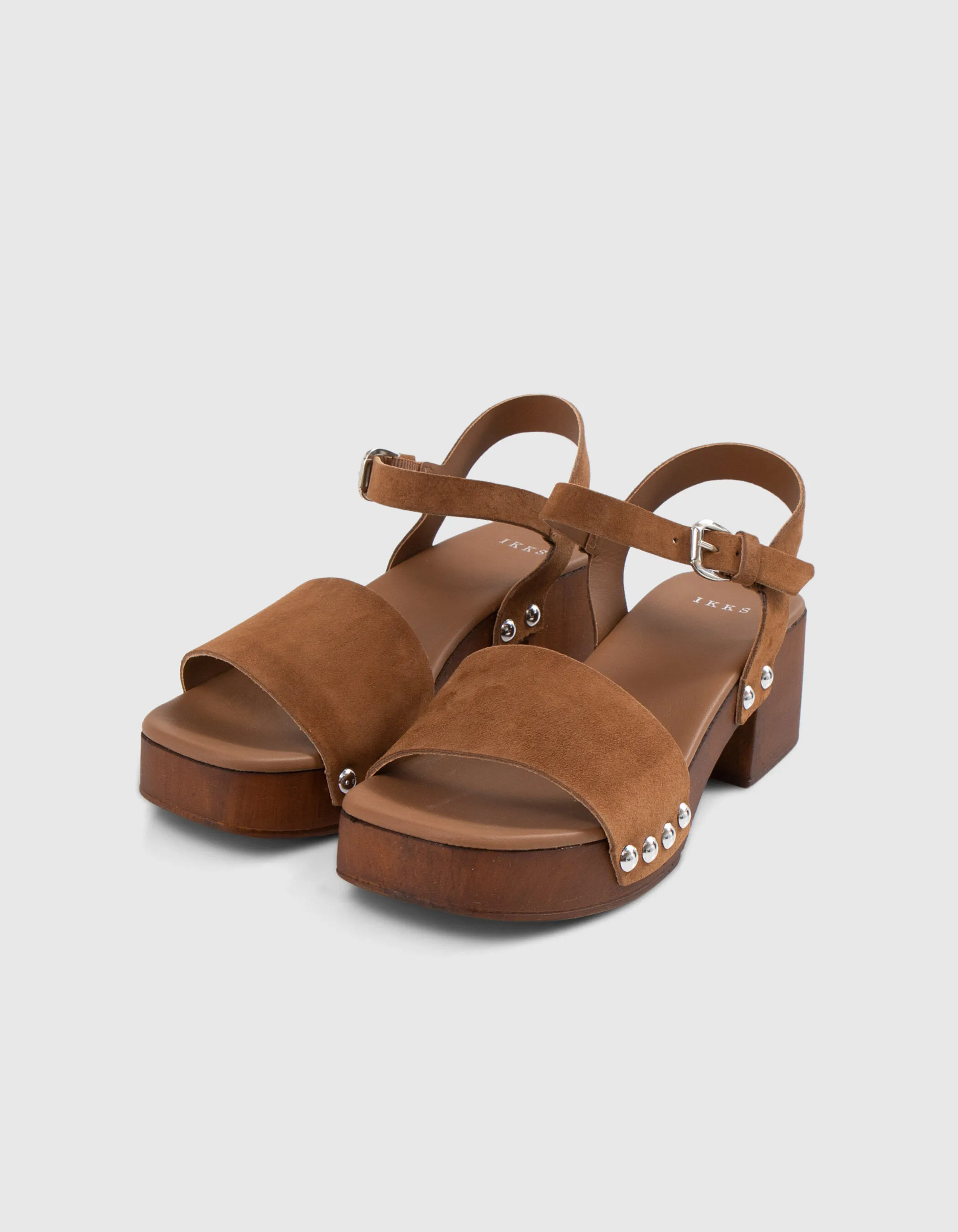 Sandales camel cuir velours à talon bois Femme