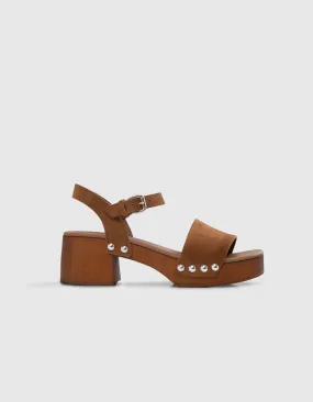 Sandales camel cuir velours à talon bois Femme