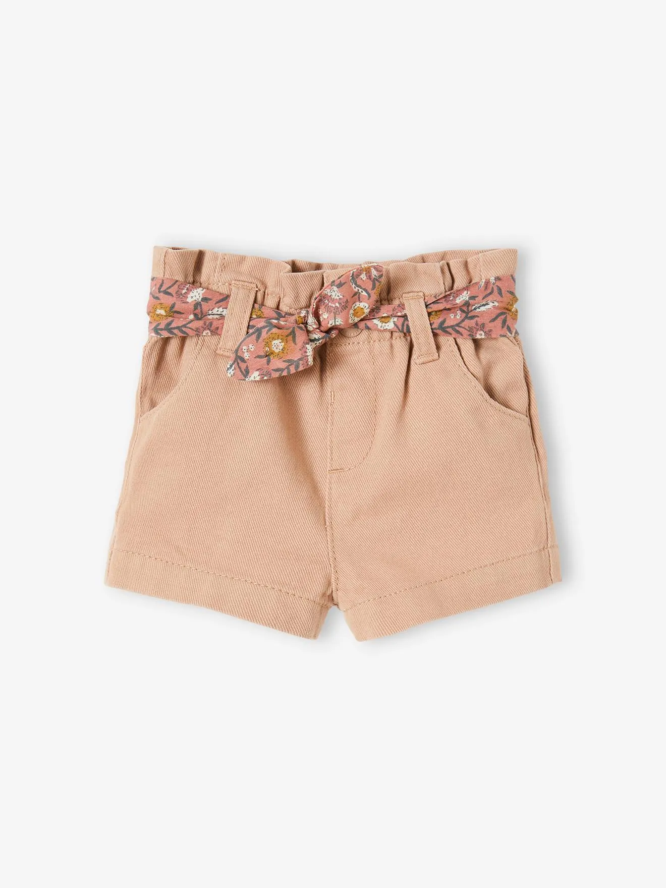 Short bébé taille élastiquée avec ceinture en tissu beige - Vertbaudet