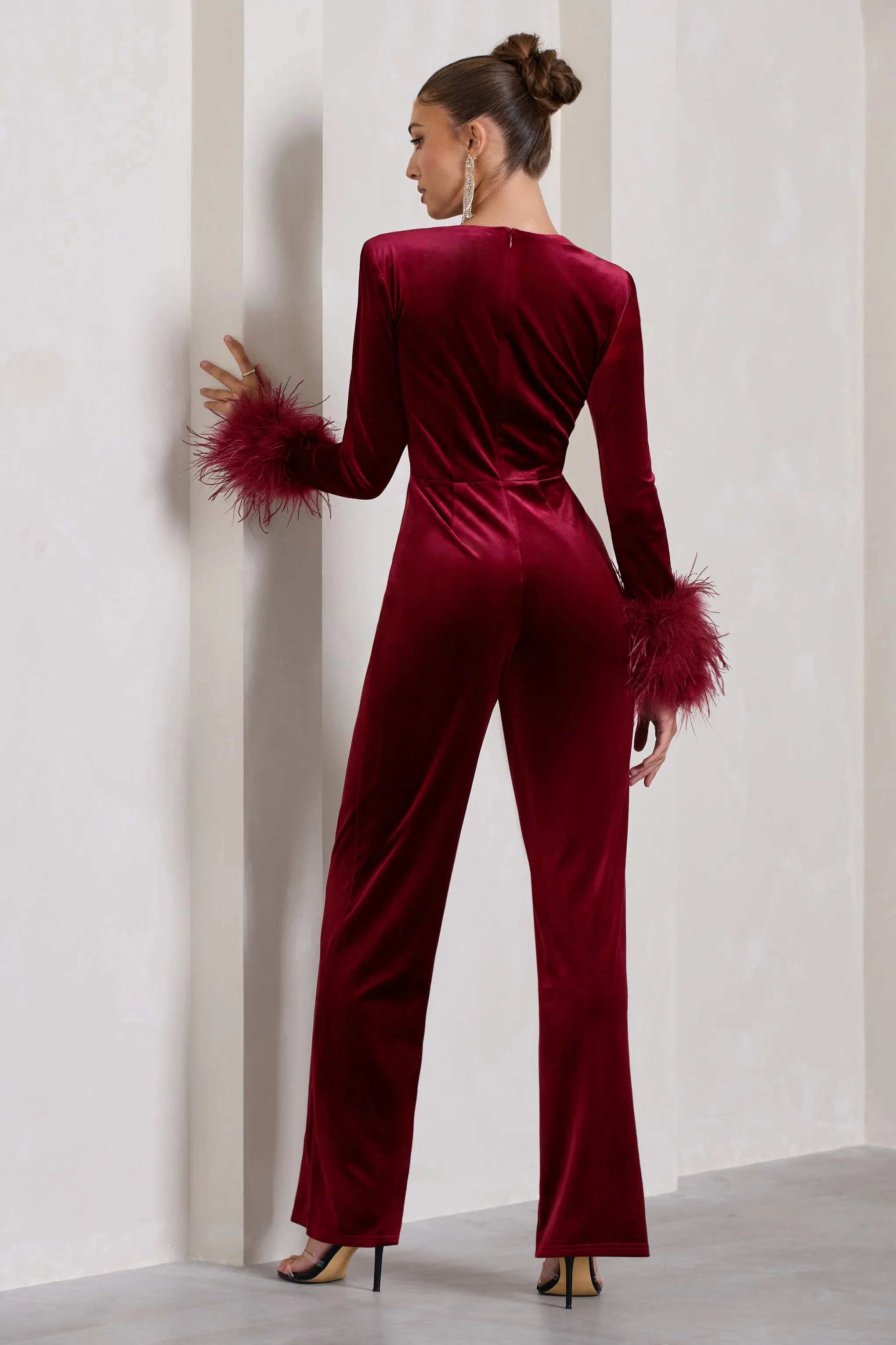 Trailblazer | Berry Red Velvet Long-Sleeved Jumpsuit With Feather Cuffs