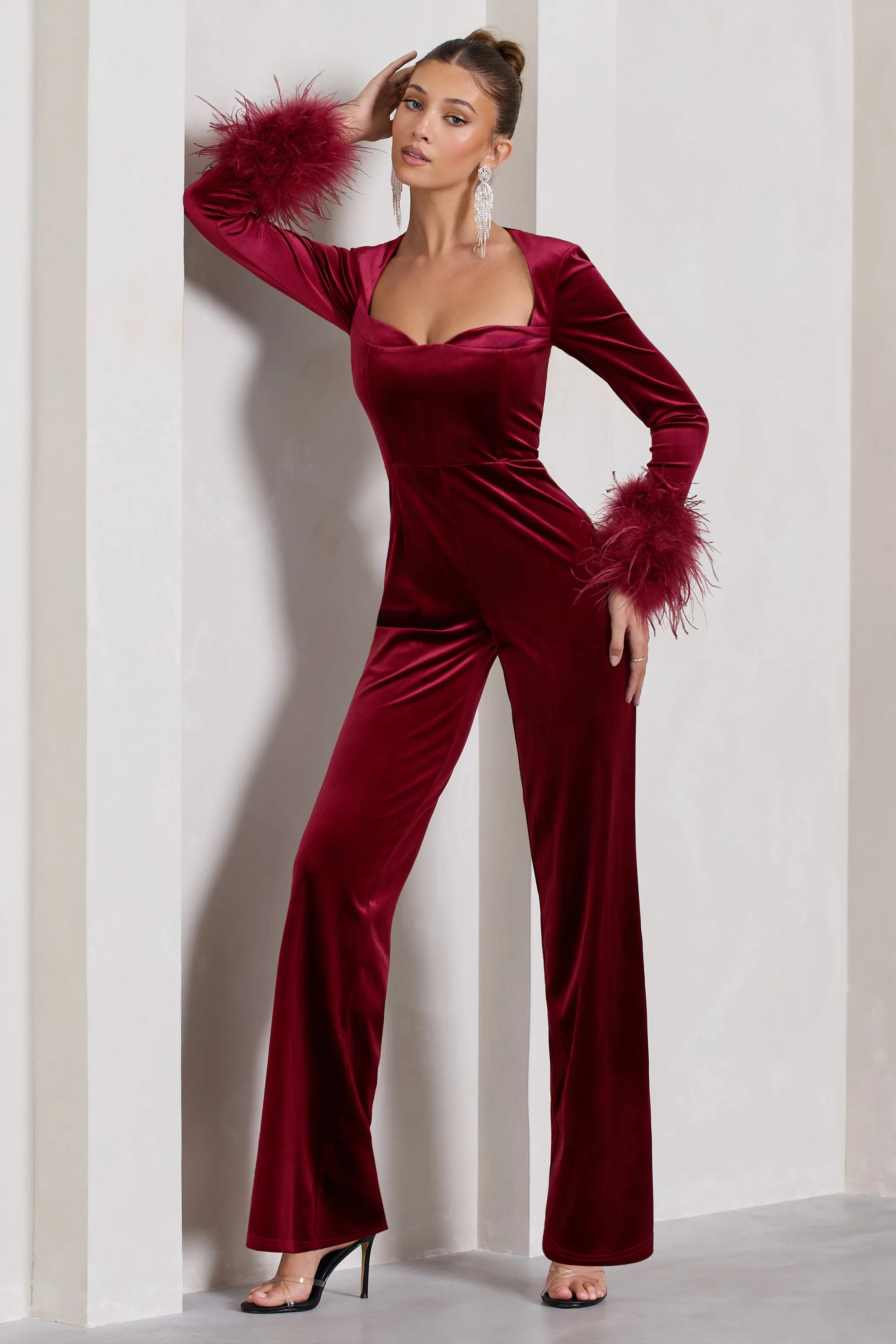 Trailblazer | Berry Red Velvet Long-Sleeved Jumpsuit With Feather Cuffs