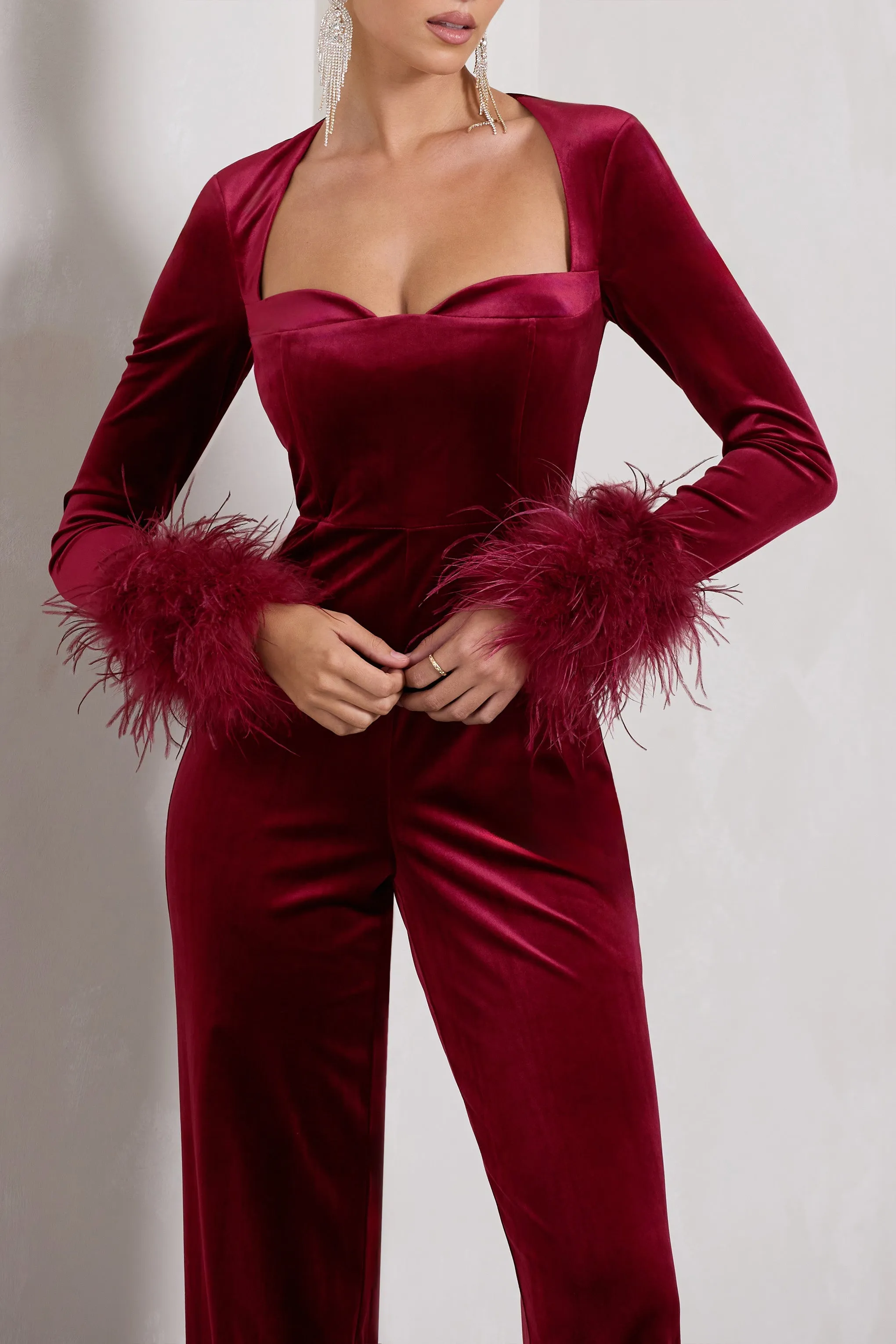 Trailblazer | Berry Red Velvet Long-Sleeved Jumpsuit With Feather Cuffs