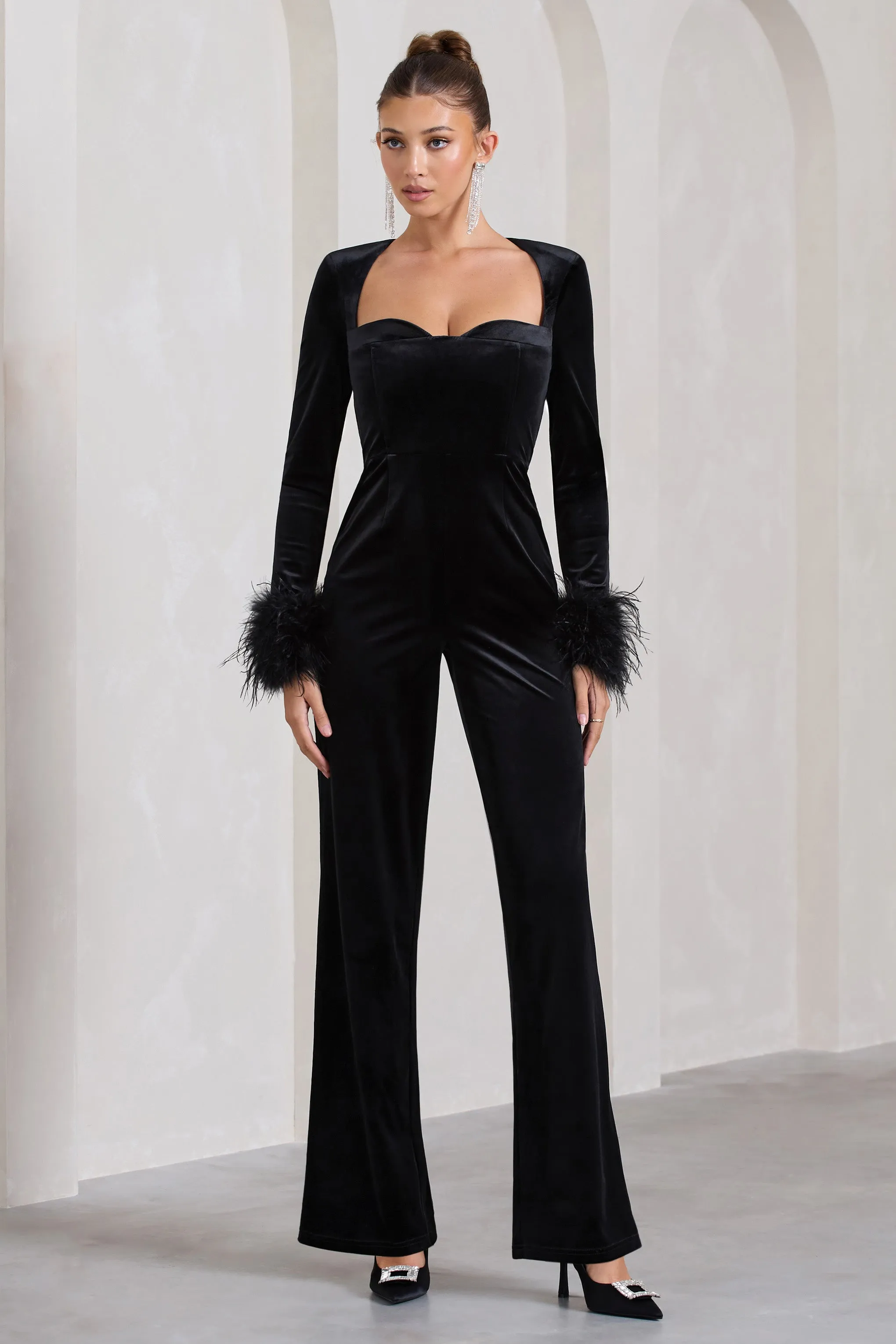 Trailblazer | Black Velvet Long-Sleeved Jumpsuit With Feather Cuffs