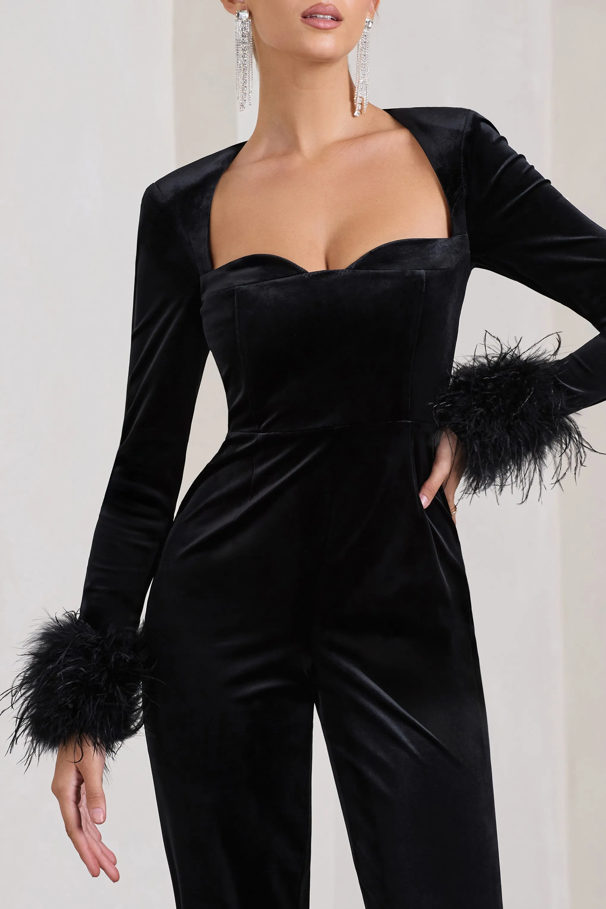 Trailblazer | Black Velvet Long-Sleeved Jumpsuit With Feather Cuffs