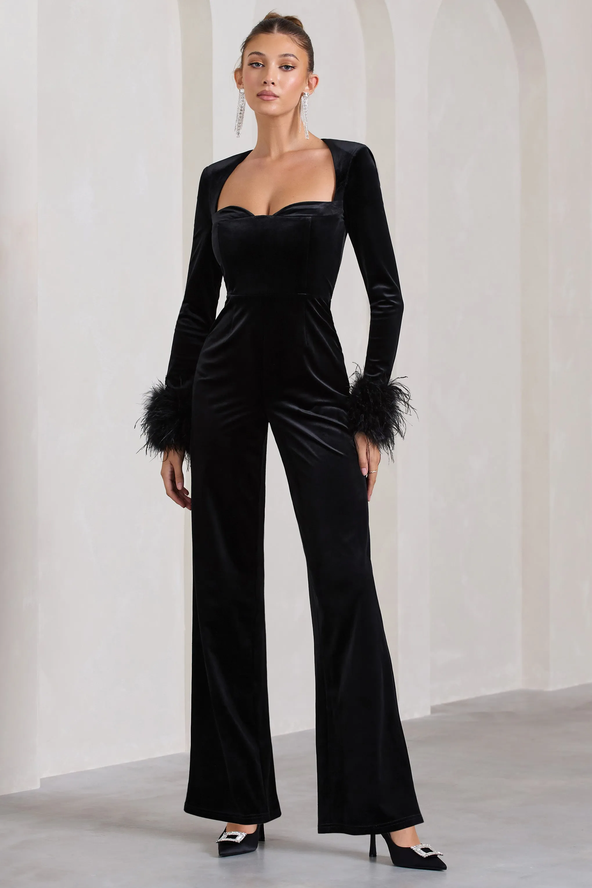 Trailblazer | Black Velvet Long-Sleeved Jumpsuit With Feather Cuffs