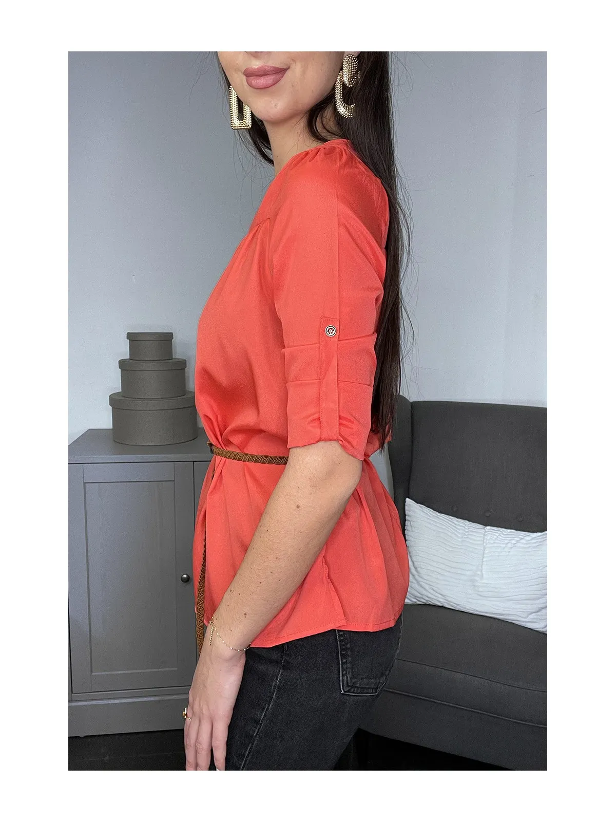 TuCTque blouse corail manches 3/4 et ceinture tressée