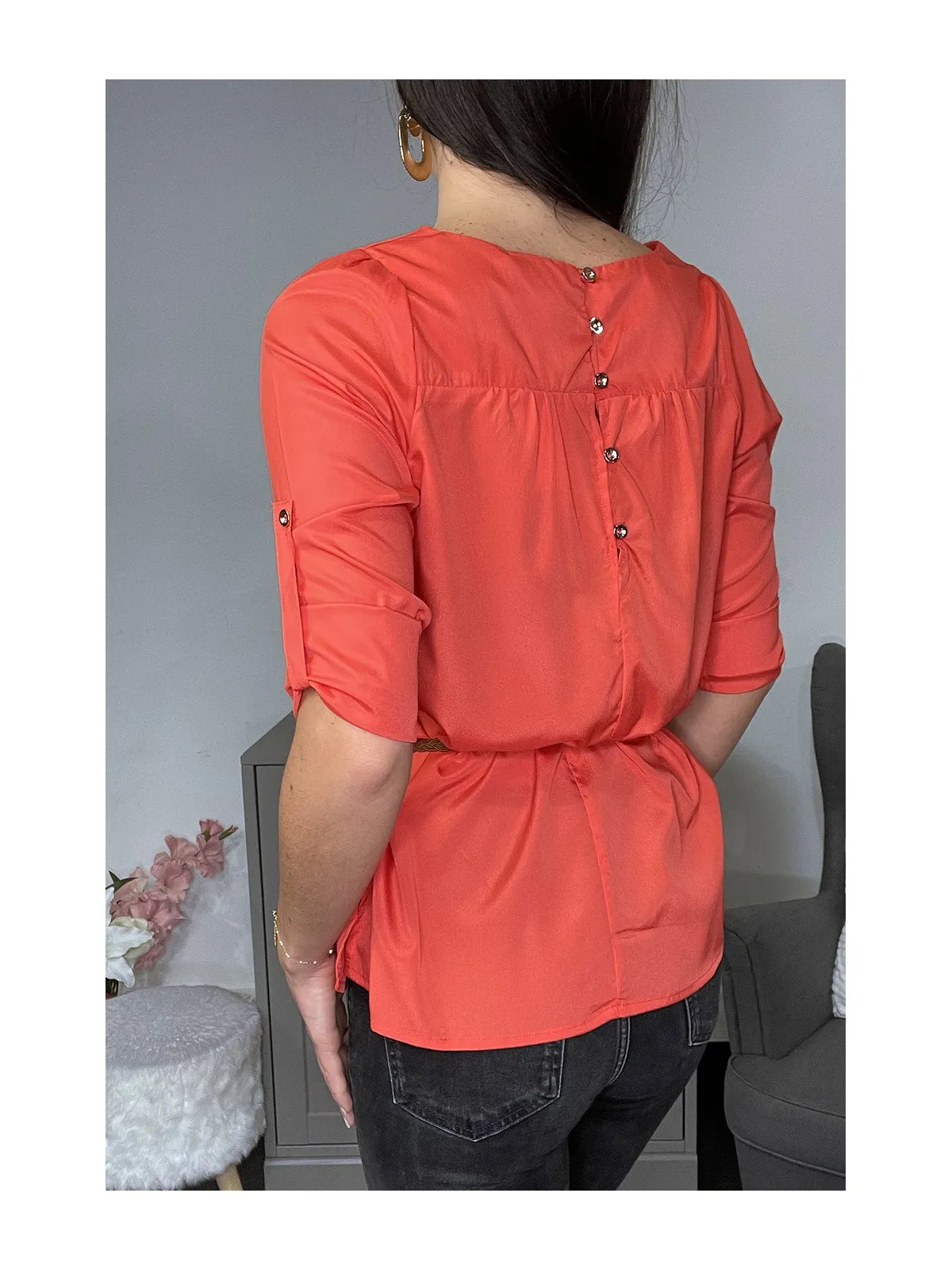 TuCTque blouse corail manches 3/4 et ceinture tressée