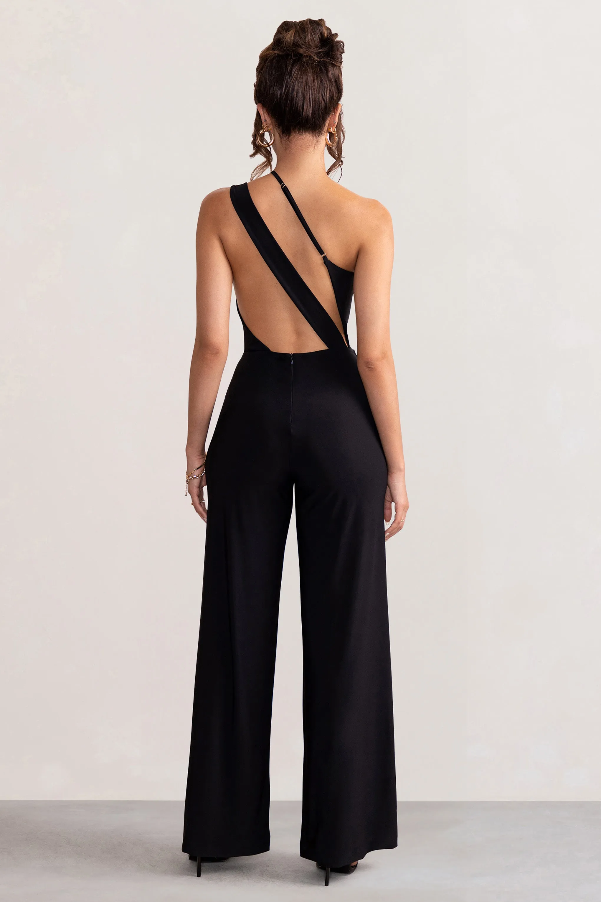 Vienna | Black Asymmetric Cowl Neck Wide Leg Jumpsuit With Open Back Detail