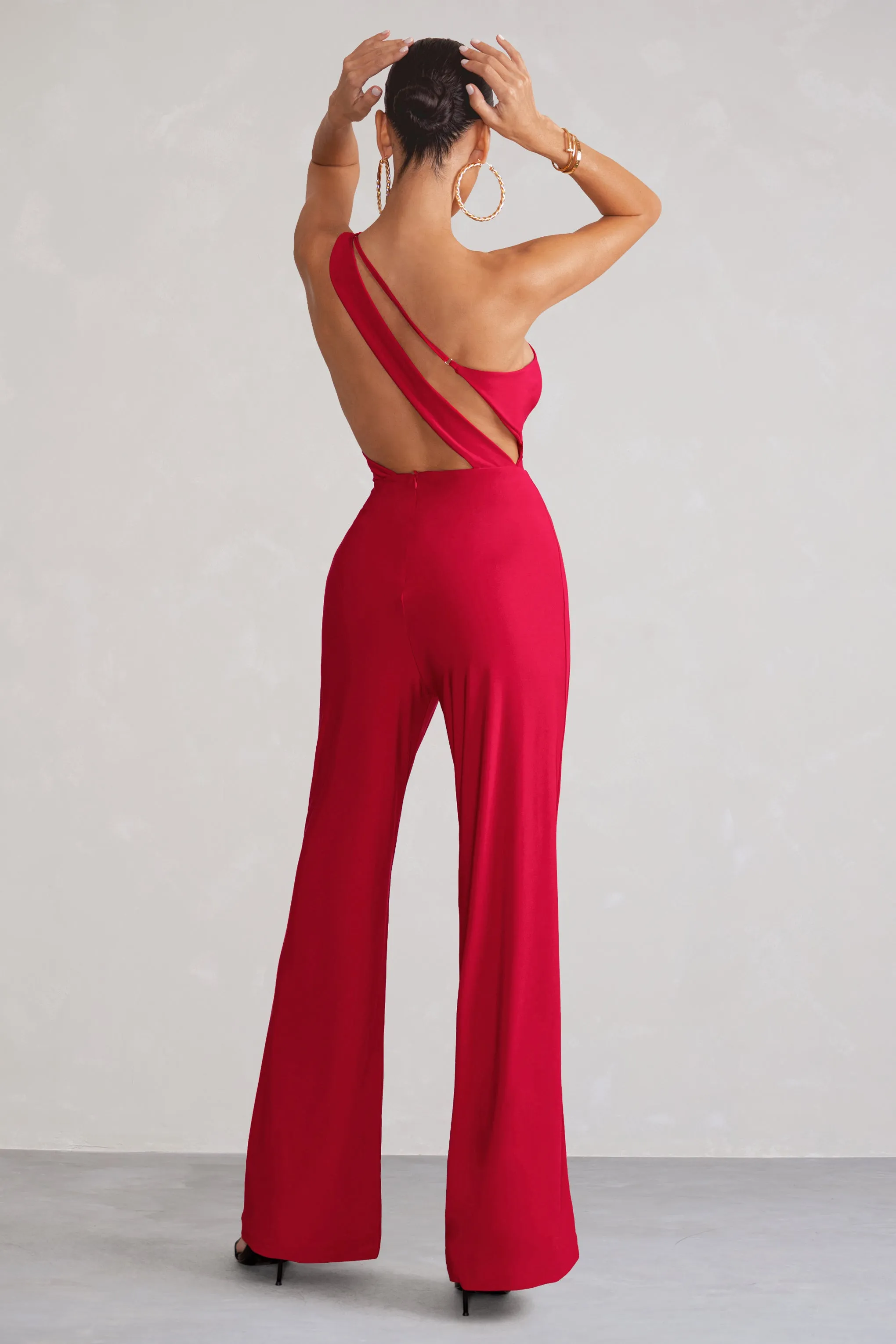 Vienna | Red Asymmetric Cowl Neck Wide Leg Jumpsuit With Open Back Detail