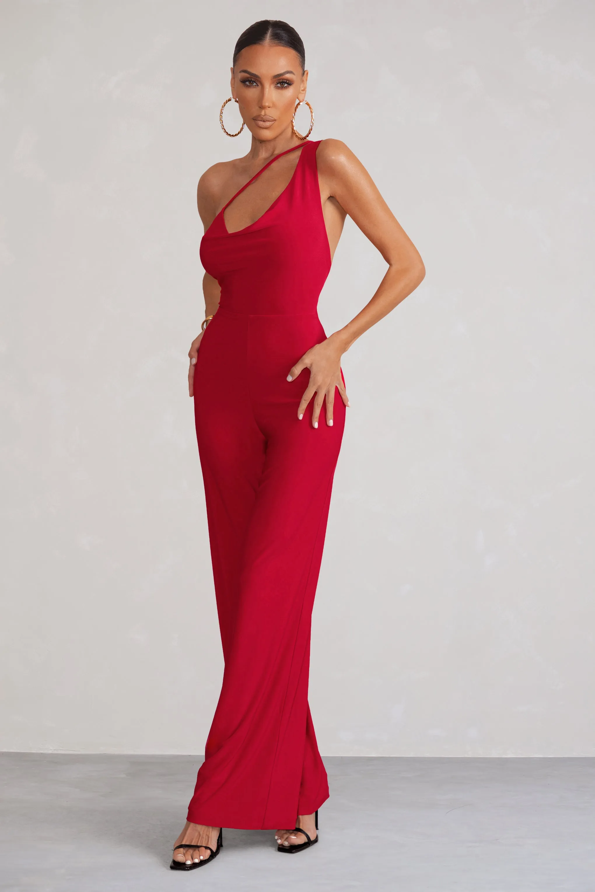 Vienna | Red Asymmetric Cowl Neck Wide Leg Jumpsuit With Open Back Detail