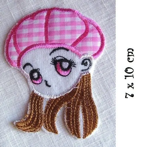 Écusson patch thermocollant ** 7 x 10 cm ** fillette chapeau béret rose - applique à repasser